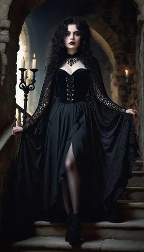 Gothic beauty, witch, solo, mysterious eyes, dark eyeliner, bold eyebrows, pale skin, crimson lips, curly raven hair, intricate lace choker, black velvet cloak, long skirt, fishnet stockings, leather 