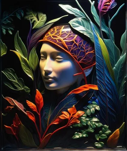 glass painting,girl in a wreath,bodypainting,decorative figure,girl in the garden,majorelle blue,oil painting on canvas,body painting,decorative art,artist's mannequin,oil painting,flora,woman sculpture,mystical portrait of a girl,bodypaint,pachamama,neon body painting,headdress,secret garden of venus,david bates,Photography,Artistic Photography,Artistic Photography 02