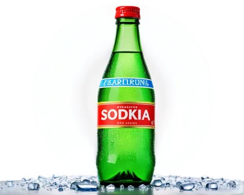 Sparkling soda, glass bottle, condensation droplets, colorful label, rounded cap, ice cubes, morning dew, soft natural light, 3/4 composition, shallow depth of field, vibrant color tone, realistic tex