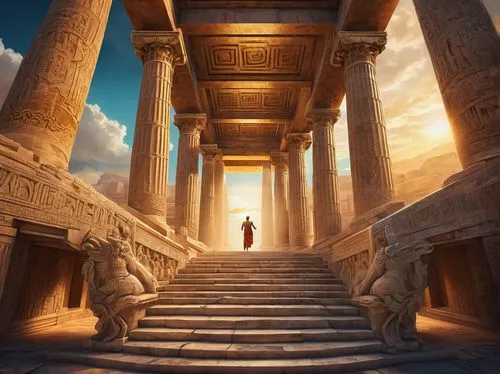 egyptian temple,karnak,greek temple,artemis temple,ramesseum,abydos,hatshepsut,the ancient world,ancient city,pharaonic,ancient egypt,colonnaded,pillars,three pillars,scythopolis,khnum,egypt,karnak temple,theed,the pillar of light,Illustration,Realistic Fantasy,Realistic Fantasy 39