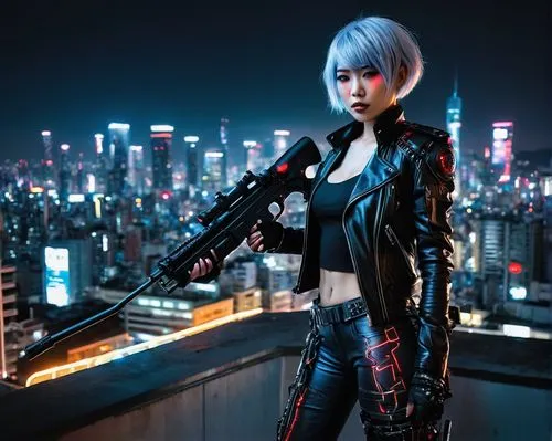 AI Kirishima, futuristic cyborg, blue neon lights, metallic body, glowing red eyes, short silver hair, intricate circuitry patterns on skin, black leather jacket, torn jeans, combat boots, holding a m