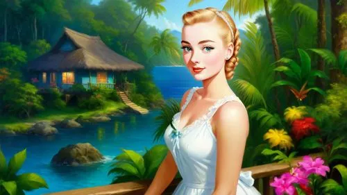 Romantic masterpiece oil painting, cute girl portrait, nostalgic 1950's style kitsch, vibrant rainforest bungalow landscape, lush tropical jungle paradise, summer beach scenery, by Thomas Kinkade, by 