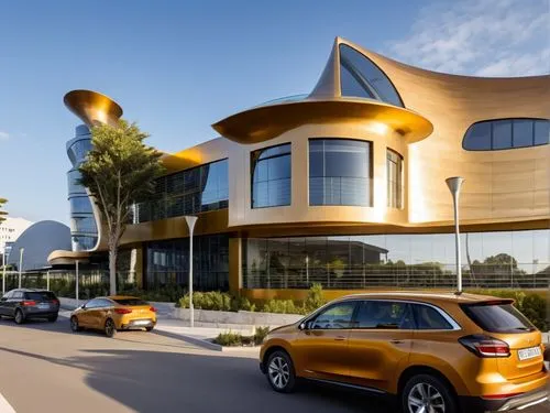 REMODELACION DE UNA PLAZA COMERCIAL, CON ARQUITECTURA NOVEDOSA,a yellow and black car driving past an enormous structure,modern architecture,cube house,car showroom,futuristic architecture,cubic house