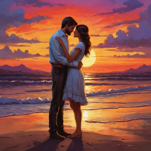 romantic portrait,romantic scene,loving couple sunrise,beach background,vintage couple silhouette,romance novel,honeymoon,cg artwork,romantic look,romantic night,romantic,landscape background,young couple,by the sea,couple silhouette,ocean background,ocean view,idyll,love background,love in the mist,Conceptual Art,Fantasy,Fantasy 18