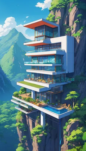 sky apartment,meteora,residential tower,house in the mountains,house in mountains,japanese architecture,cubic house,building valley,tigers nest,aqua studio,modern architecture,skyscraper,apartment building,apartment block,dunes house,ryokan,residential,futuristic landscape,floating island,block balcony,Illustration,Japanese style,Japanese Style 03