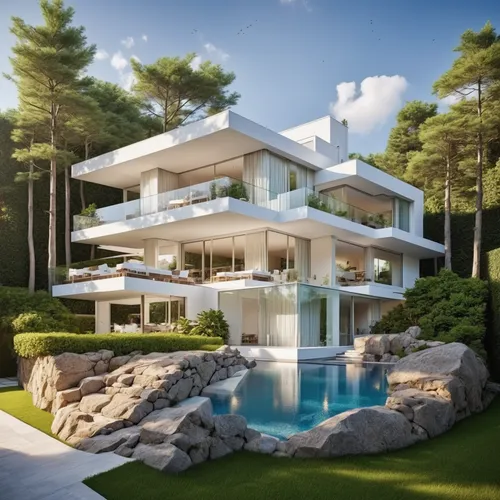 

Create a high-definition image of a modern two-story villa with a clean white facade, set in a lush garden. The villa should feature large floor-to-ceiling windows that reveal a chic, minimalist int