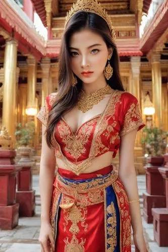 beautiful 20 years old girl, wearing Thai red trditional dress, H-cup, standing in the temple, full body shot, very high resolution picture,asian costume,oriental princess,asian vision,oriental girl,a