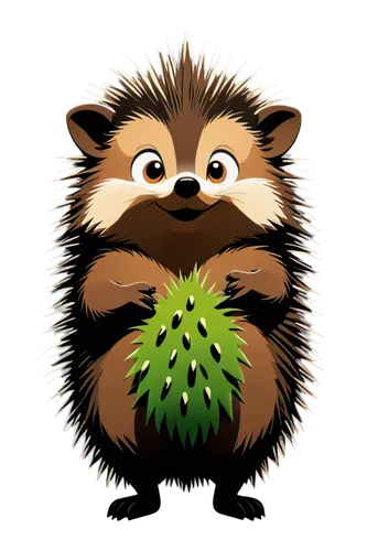 Cartoon hedgehog, green spikes, white belly, cute facial expression, round eyes, standing on hind legs, front paws together, colorful background, simple outline, flat design, childlike atmosphere, war