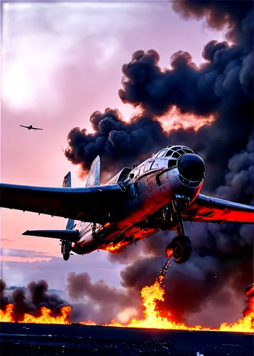 Wrecked plane, crashed, smoke rising, flames engulfing, metal debris scattered, cockpit broken, wings torn off, propellers bent, pilot escaping, injured, bloodstained uniform, surrounded by fire, even