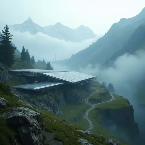 Mountainous energy plant, futuristic architecture, steel framework, glass facade, solar panels, wind turbines, hydroelectric generators, snow-capped peaks, rocky cliffs, misty atmosphere, foggy mornin