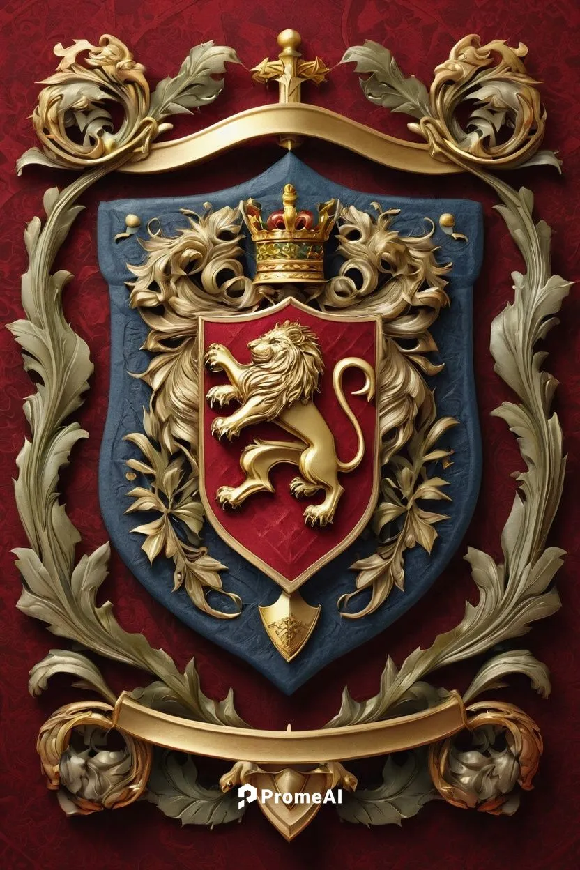 Online coat of arms maker, medieval-inspired, ornate frame, intricate details, golden accents, crimson background, family crest, shield with heraldic symbols, crossed swords, majestic lion, regal crow