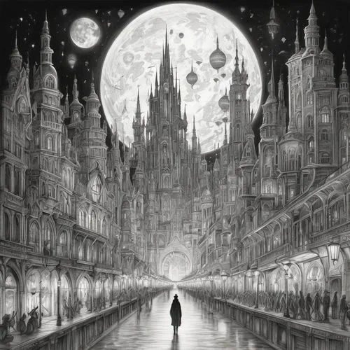 metropolis,fantasy city,dream world,dark world,sci fiction illustration,violinist violinist of the moon,black city,mirror of souls,fantasy picture,fantasy world,fantasy art,dreamland,fantasia,panoramical,wanderer,orchestral,the wanderer,other world,moon phase,transistor,Illustration,Black and White,Black and White 30