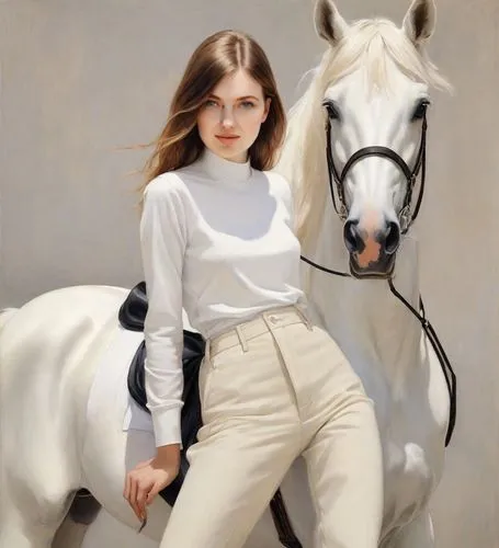 image of a beautiful girl on a white horse. the horse is shown in profile. style: painting in the manner of Eleanor Fortescue-Brickdale,equestrian,white horse,a white horse,horse riders,horseback,hors