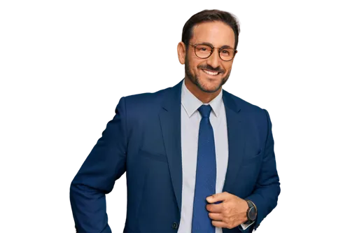 Client portrait, middle-aged man, formal attire, white dress shirt, dark blue suit, black tie, confident smile, detailed facial features, brown hair, glasses with thin frames, subtle beard, chest pock