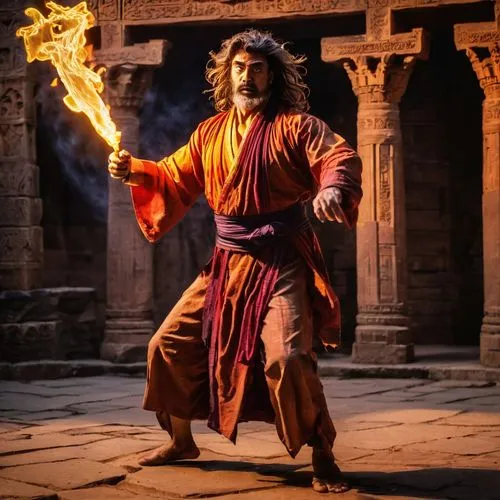 As the sun begins to set, the ancient temple stands still as the light of the setting sun casts a vibrant glow over the ancient walls. The shadows above the man's face dance with the heat of the setti