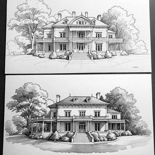 watercolor painting of Madame CJ Walker's Mansion Villa Lewaro in Livingston NY ;  Design Sketch-Detailed Outline ,two drawings of mansions and trees in front of each other,elevations,house drawing,ho