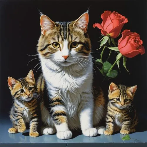 cat family,the mother and children,mother and children,american shorthair,mother with children,oil painting on canvas,oil painting,mom and kittens,red tabby,cat lovers,vintage cats,cat image,harmonious family,ginger family,felines,american wirehair,cattles,rose family,family portrait,three flowers,Conceptual Art,Fantasy,Fantasy 04