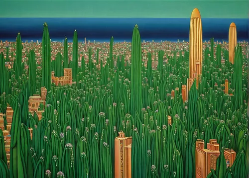 Imagine a futuristic city where edamame pods are used as a sustainable energy source. Describe the cityscape.,chives field,cattails,cacti,cactus,green asparagus,spring onions,asparagus,bamboo plants,p