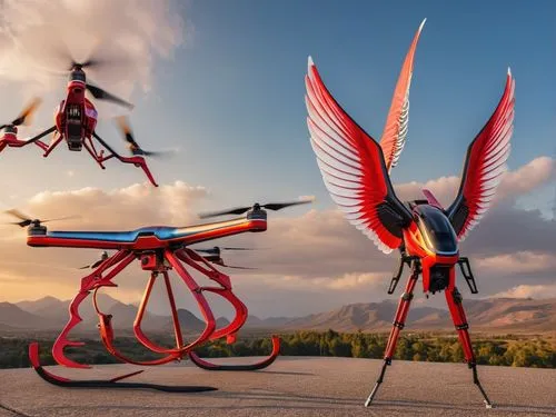 a large red flying device with wings is on the ground,quadcopter,multirotor,flying drone,drones,plant protection drone,logistics drone,Photography,General,Realistic