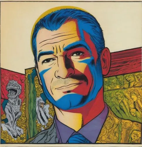 the image shows an image of a man with blue painted face,kanigher,palmiotti,roy lichtenstein,bolland,matthau,stanlee,Illustration,American Style,American Style 14