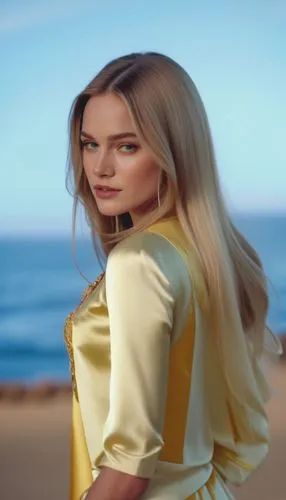 a young woman with long hair poses on the beach,malibu,beach background,yellow jumpsuit,bondi,social,marloes,Photography,General,Cinematic