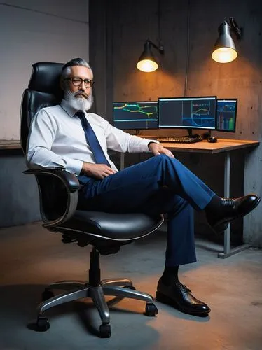 Data engineer, mature man, beard, glasses, formal wear, white shirt, dark blue tie, black trousers, leather shoes, sitting, ergonomic chair, desk, computer, multiple monitors, Excel software, bulk dat