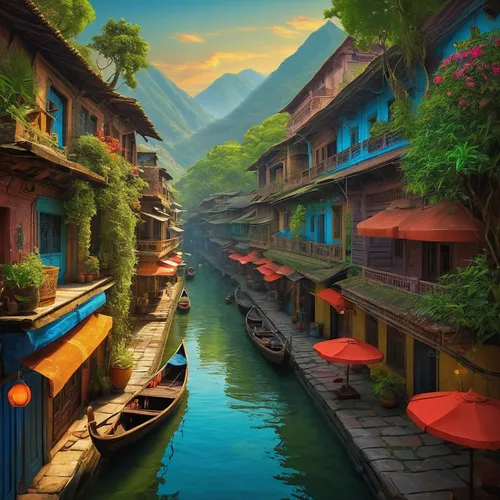 vietnam,world digital painting,hanoi,fishing village,vietnam's,floating market,southeast asia,guizhou,teal blue asia,floating huts,chongqing,boat landscape,guilin,vietnam vnd,nepal,oriental,china,chinese art,shanghai,digital painting,Illustration,Realistic Fantasy,Realistic Fantasy 44