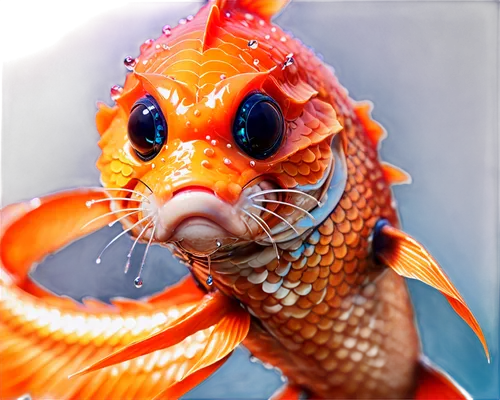 koi fish, vibrant orange scales, flowing fins, whisker-like barbels, serene facial expression, water droplets on body, shallow depth of field, bright lighting, macro photography, 1/2 composition, warm