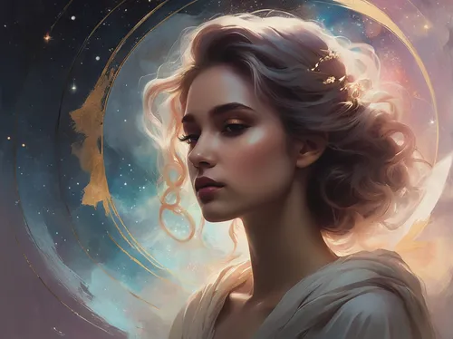 fantasy portrait,mystical portrait of a girl,zodiac sign libra,digital painting,world digital painting,star mother,fantasy art,celestial,cg artwork,astronomer,sci fiction illustration,princess leia,horoscope libra,constellation swan,celestial body,andromeda,queen of the night,space art,romantic portrait,constellation lyre,Conceptual Art,Oil color,Oil Color 11