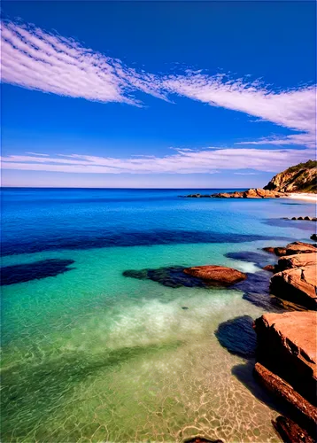 Seascape photograph, calm ocean, clear blue water, gentle waves, sandy beach, rocky shore, sunny day, dramatic cloudy sky, low-angle shot, wide-angle lens, vibrant color tone, high contrast, detailed 