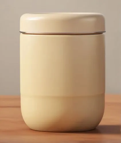 亮面 咖啡奶油 复古 
,a white container sitting on top of a wooden surface,milk jug,milk container,tea jar,jar,coffee tumbler,butter dish,Photography,General,Realistic