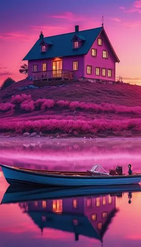 fisherman's house,house by the water,purple landscape,pink dawn,boat landscape,boathouse,old wooden boat at sunrise,nubble,houseboat,greenland,fisherman's hut,house with lake,floating huts,summer cottage,splendid colors,icelandic houses,row boat,cape cod,norway island,fishing village,Photography,General,Realistic