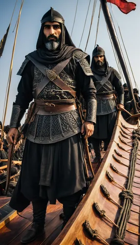 Twenty Persian immortal archer warriors, black clothes, faces hidden by black clothes, stand on the deck of a trireme, Military trireme of the Persian Empire BC,,vikings,viking ship,hellenistic-era wa