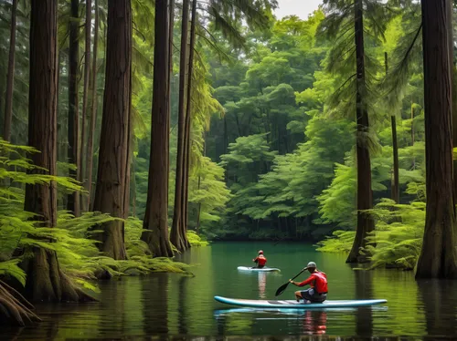 In the peaceful serenity of a calm lake, paddleboarders gracefully navigate their way through a dense forest of towering trees.,standup paddleboarding,canoeing,kayaking,kayaker,red cedar,mckenzie rive