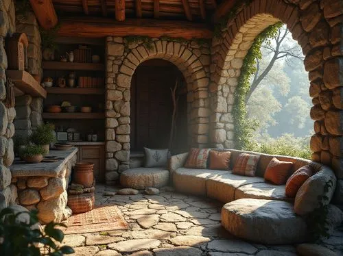 stone oven,fireplace,nook,the cabin in the mountains,summer cottage,alcove,porch,cottage,front porch,fire place,fireplaces,seclude,beautiful home,home corner,house in the mountains,stone bench,coziness,small cabin,cabana,country cottage,Photography,General,Realistic