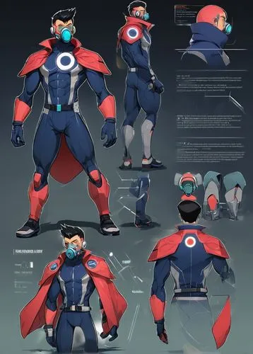 A character design sheet of a male superhero with a cape. Muscular figure. Short black hair. Color: Midnight blue and red. Comic book cell-shading style. Full body shot. Character standing front and m