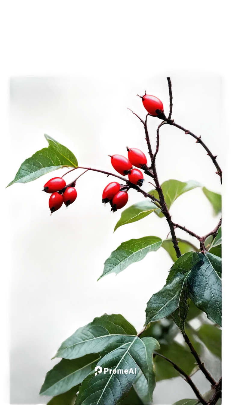 Deadly nightshade, dark green leaves, shiny surface, red berries, thorny stem, twisted roots, mysterious ambiance, eerie atmosphere, misty background, 3/4 composition, shallow depth of field, ominous 