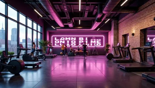 Vibrant fitness club, energetic atmosphere, bold color scheme, neon accents, motivational quotes, sleek equipment, modern flooring, high-ceiling windows, natural light, urban landscape, city skyline v