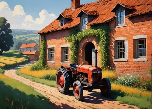 tractor,rural landscape,country cottage,rural,countryside,farm tractor,farm landscape,home landscape,farmstead,agricultural scene,queler,red barn,cottages,summer cottage,farmhouse,village life,butka,cottage,country estate,rural style,Illustration,Black and White,Black and White 10