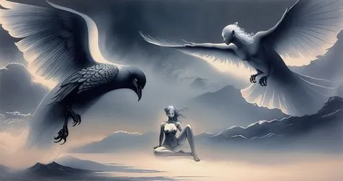 full nude very exotic and misty sky,two birds are flying over a seated woman,doves of peace,dove of peace,fantasy picture,buraq,kartal,pegasi,the archangel,dark angel,holy spirit,angelology,angel of d