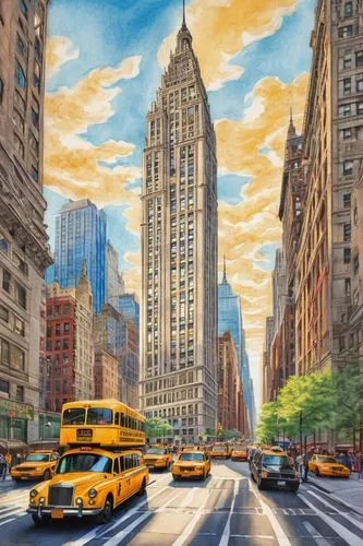 world digital painting,digital painting,city scape,newyork,skyscrapers,flatiron building,new york,ny,city bus,schoolbuses,new york taxi,ues,cityscape,school bus,colorful city,new york streets,cityscapes,schoolbus,photo painting,nycticebus,Conceptual Art,Daily,Daily 17