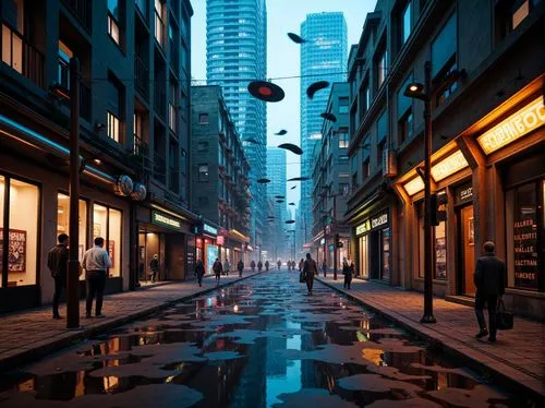 world digital painting,photorealist,photorealism,waterstreet,shimbashi,shopping street,cityscapes,yonge,pedestrianized,city scape,hyperrealism,cloudstreet,cityzen,puddle,wangfujing,pedestrian zone,urbanworld,virtual landscape,puddles,ginza