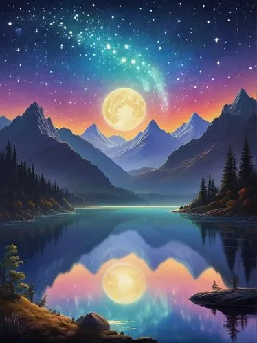 moon and star background,landscape background,fantasy landscape,art painting,northen light,starry night,northen lights,fantasy picture,oil painting on canvas,heaven lake,celestial phenomenon,salt meadow landscape,celestial bodies,moonlit night,astronomy,starry sky,mountain landscape,moonrise,northernlight,beautiful landscape,Illustration,Retro,Retro 22