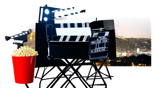 Popcorn bucket, cinema screen, movie camera, film reel, clapperboard, director chair, spotlight, red carpet, awards trophy, Hollywood sign, night cityscape, cinematic lighting, shallow depth of field,