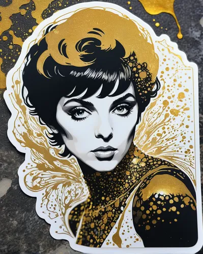 Sticker design Masterpiece, ferrofluid ink drawing of LIZA MINELLI, perfect muscular hardbody, multi exposure, liquid gold splatter, by Agnes Cecile|Walt Disney, psychodelic 70s background inspired by