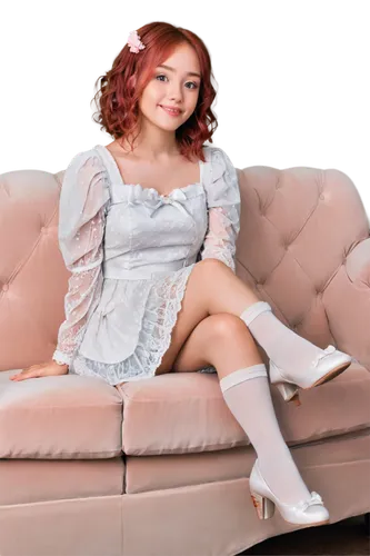 redhead doll,vintage angel,euphemia,petticoat,frilly,white boots,crinoline,sitting on a chair,aliona,malon,female doll,maidservant,housemaid,feminization,image editing,sofa,pennyslvania,feminizing,portrait background,rococo,Illustration,Japanese style,Japanese Style 15