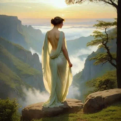 fantasy picture,spring morning,girl in a long dress,fantasy art,fantasy landscape,idyll,love in the mist,celtic woman,mystical portrait of a girl,awakening,morning mist,high landscape,lilies of the va