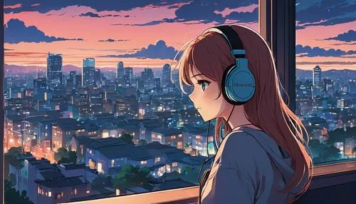 listening to music,listening,music background,headphone,above the city,musical background,city lights,hearing,music,tsumugi kotobuki k-on,beautiful sound,headphones,blogs music,hatsune miku,the listening,tokyo city,evening city,cityscape,dusk background,song,Illustration,Japanese style,Japanese Style 06