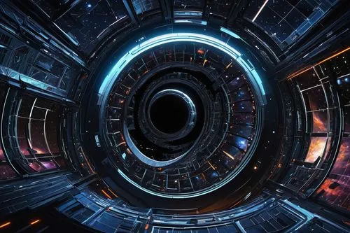 Galactic, futuristic, space station, wormhole tunnel, intricate clockwork mechanisms, gears, cogs, astronomical observatory, spherical architecture, metallic latticework, neon lights, holographic disp