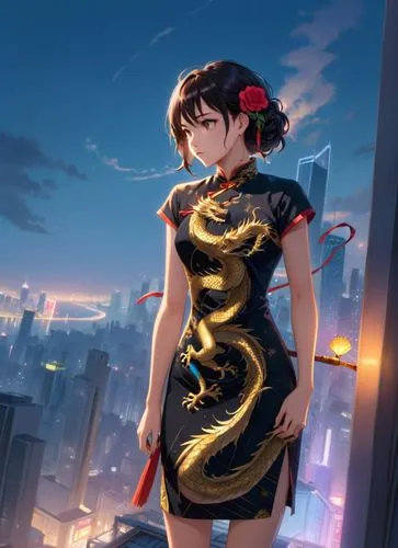 A woman in a black chinese Cheongsam dress, gold-dragon-patterned dress stands confidently on the rooftop of a towering skyscraper. Her head is adorned with a delicate rose ornament, and her right han